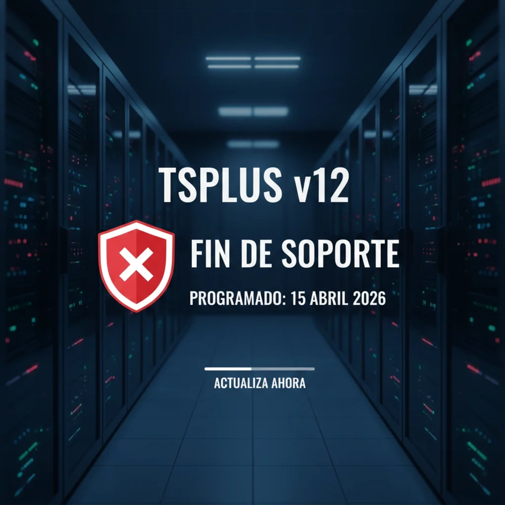 Banner oficial: TSplus v12 fin de soporte en 2026. Importancia de actualizar a la última versión para seguridad y continuidad del acceso remoto.