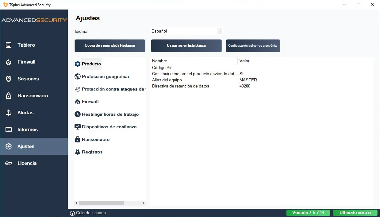 Ajustes de TSplus Advanced Security en español con copia de seguridad de la configuración