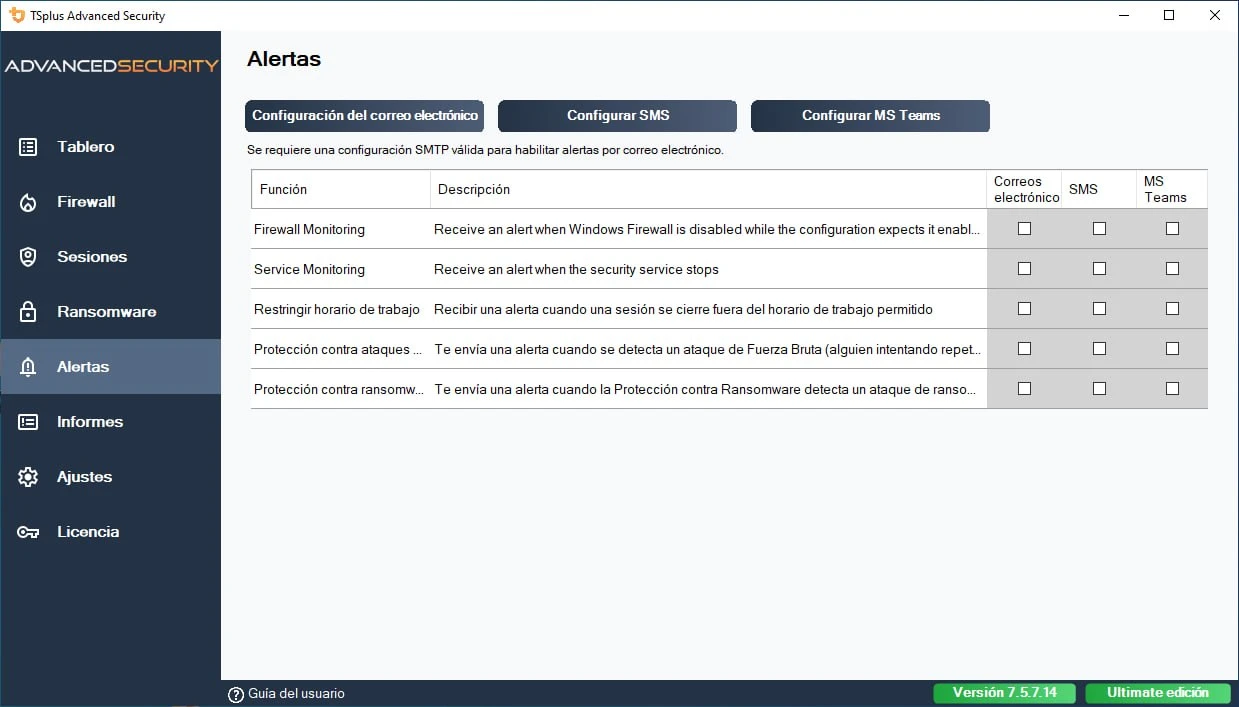Configuración de alertas de TSplus Advanced Security por correo electrónico, SMS y Microsoft Teams