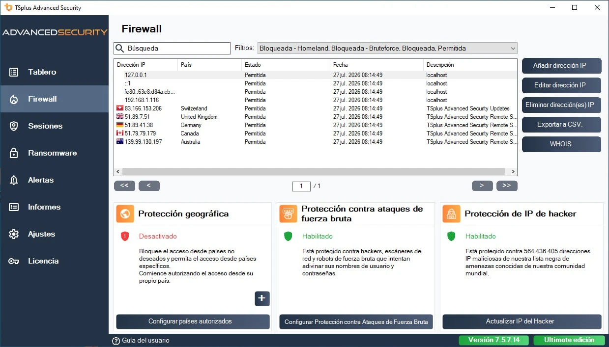 Firewall de TSplus Advanced Security con gestión unificada de direcciones IP bloqueadas y permitidas