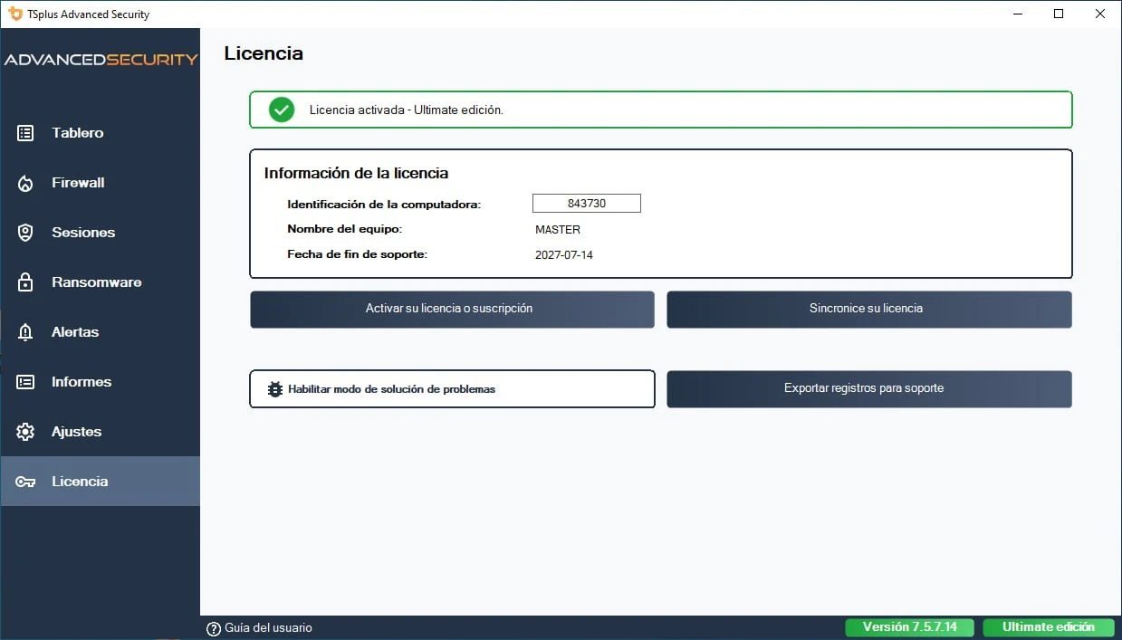 Licencia permanente activada de TSplus Advanced Security edición Ultimate