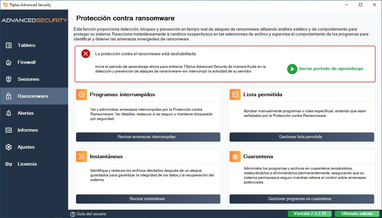 Protección contra ransomware de TSplus Advanced Security con cuarentena e instantáneas