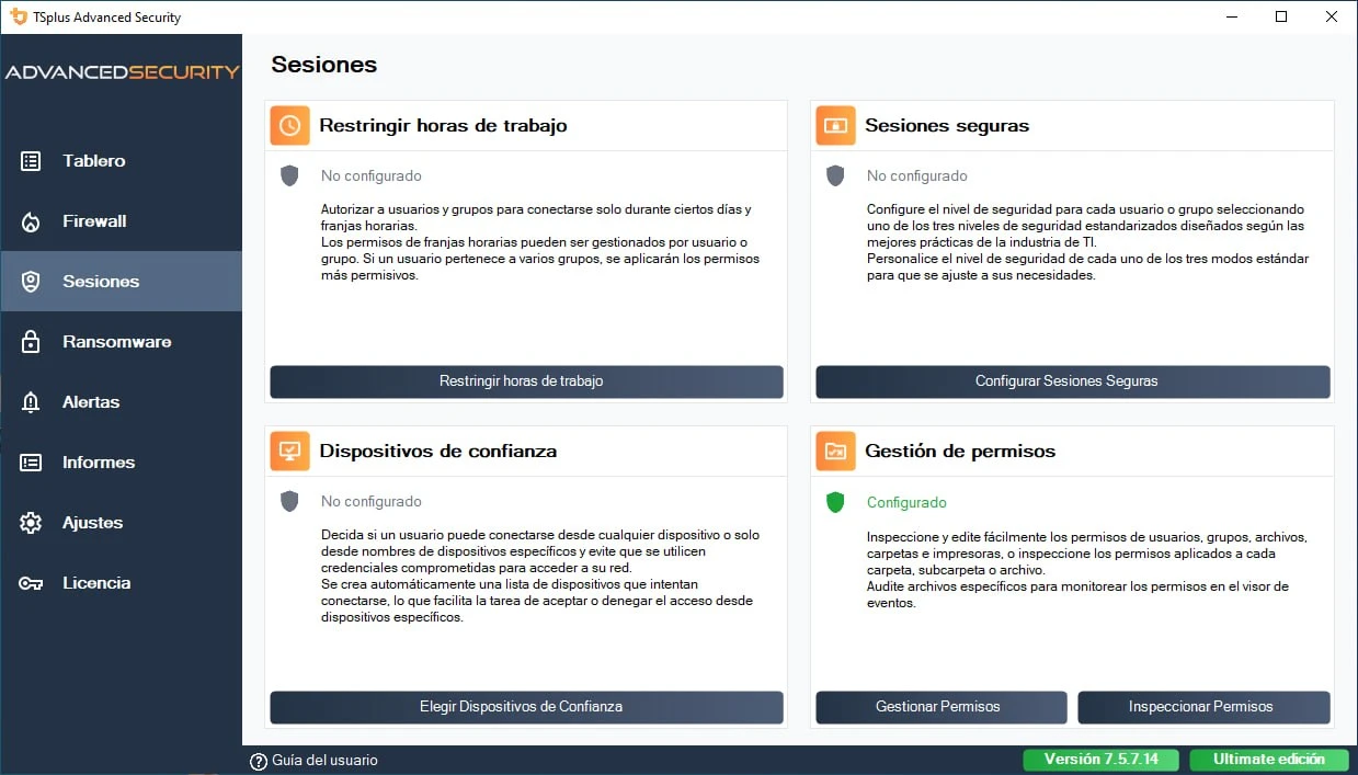 Módulo Sesiones de TSplus Advanced Security: horas de trabajo, sesiones seguras, dispositivos de confianza y permisos