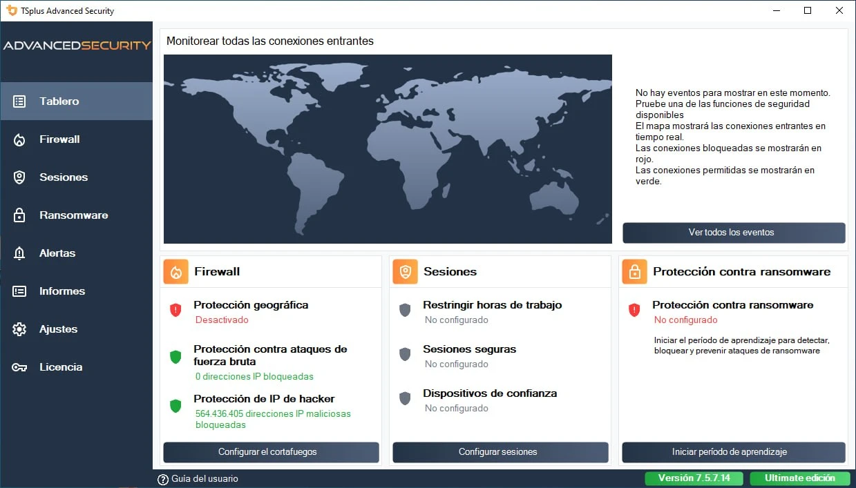 Tablero de TSplus Advanced Security con mapa mundial de conexiones entrantes en tiempo real