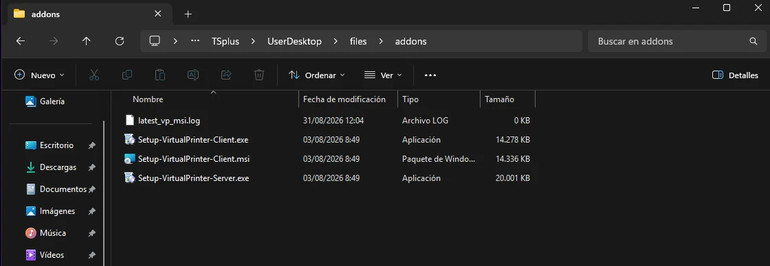 Carpeta addons de TSplus con los instaladores de Virtual Printer en formato EXE y MSI